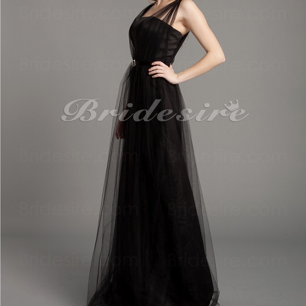Dessy Collection Black Sheath Column Straps Tulle Ball Formal Gown
